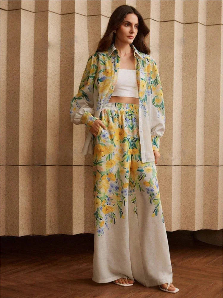Printed Resort Set – Long Sleeve Shirt & Wide Pants