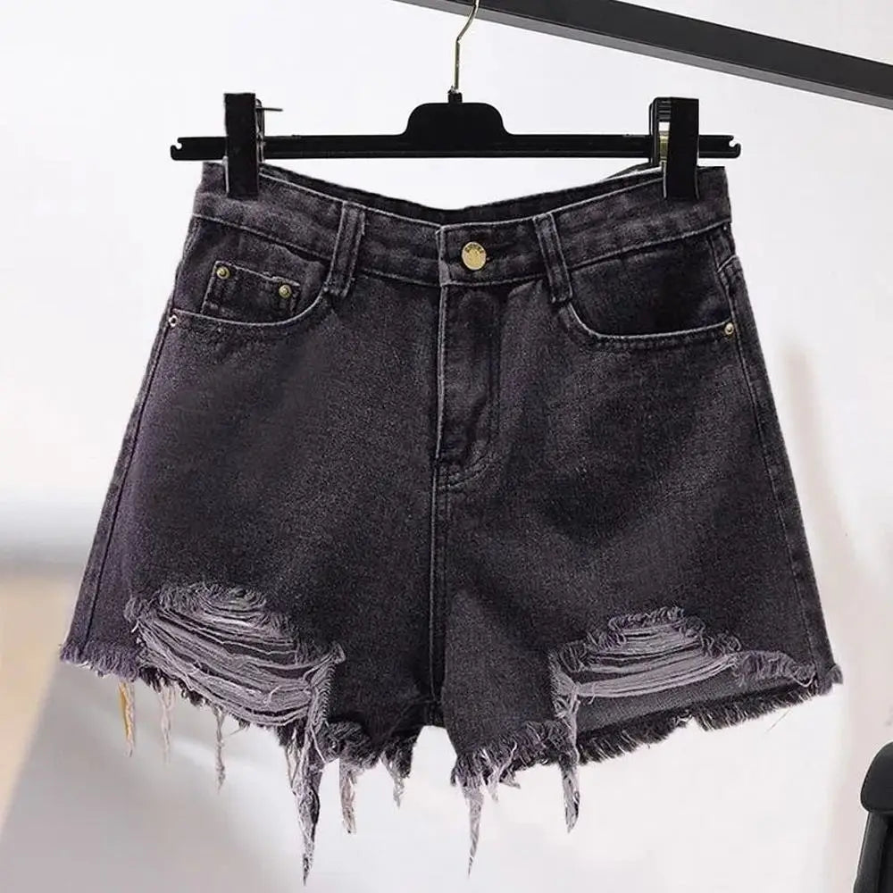 Cowboy Denim Shorts — Korean High Waist Tassel & Ripped Y2K