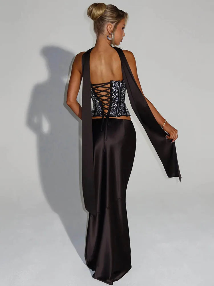 Sequin Scarf Crop Top & Satin Skirt