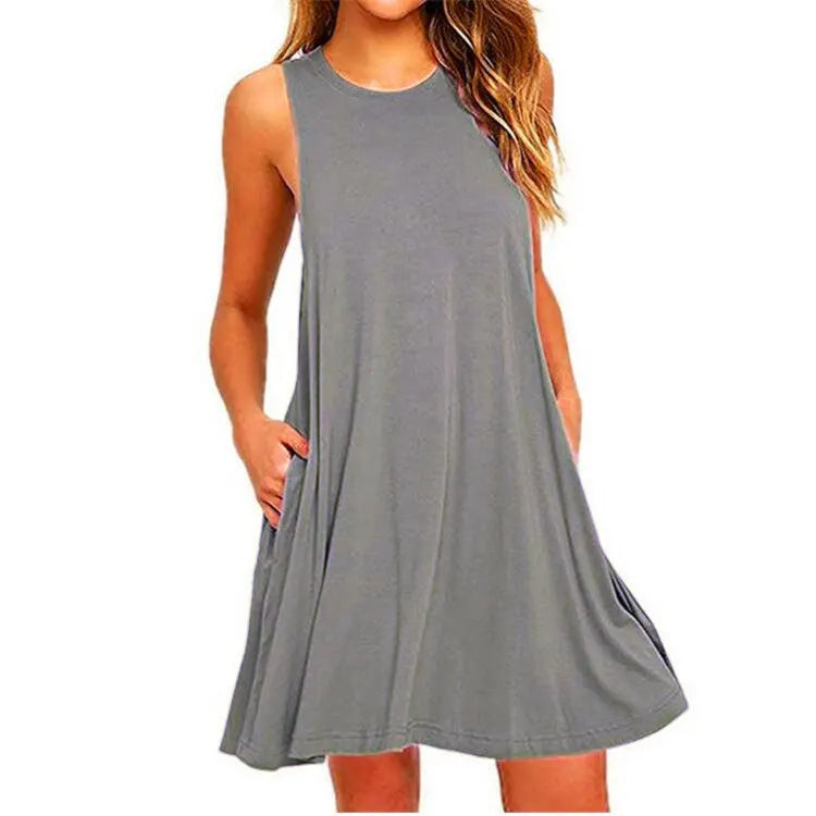Minimalist Button-Up Cotton Linen Dress — V-Neck, Short Sleeve, Pocket Casual