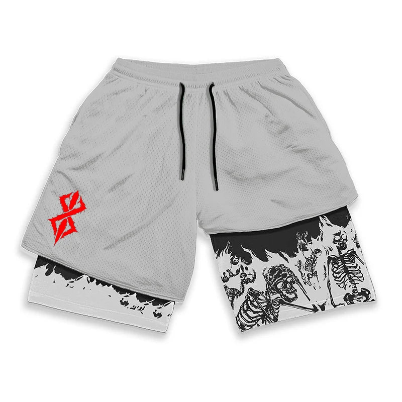 Berserk Skull Print 2-in-1 Running Shorts – Stretch, Quick Dry with Pockets