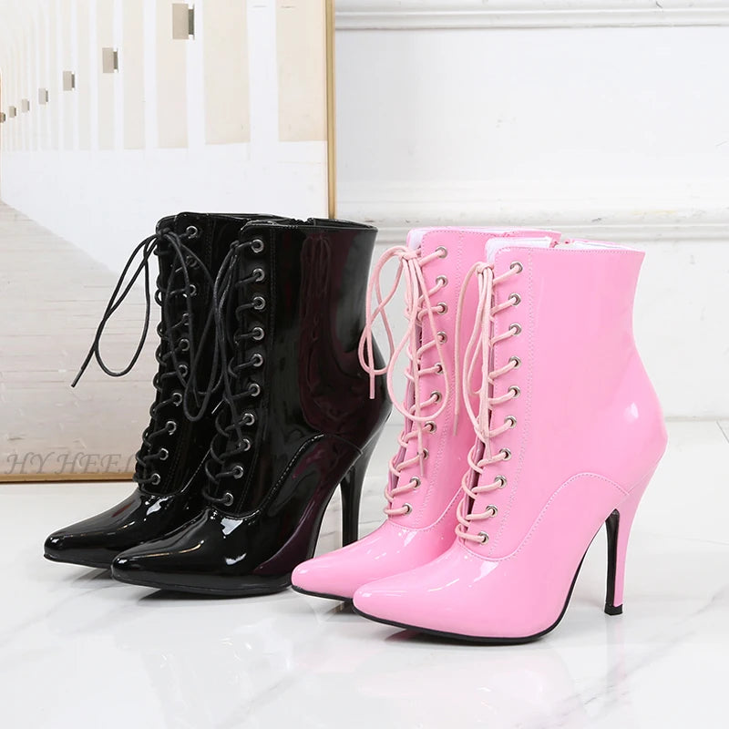 PinkFetish | Mirror Pink Ankle Boots – Pointed Toe Club Heels