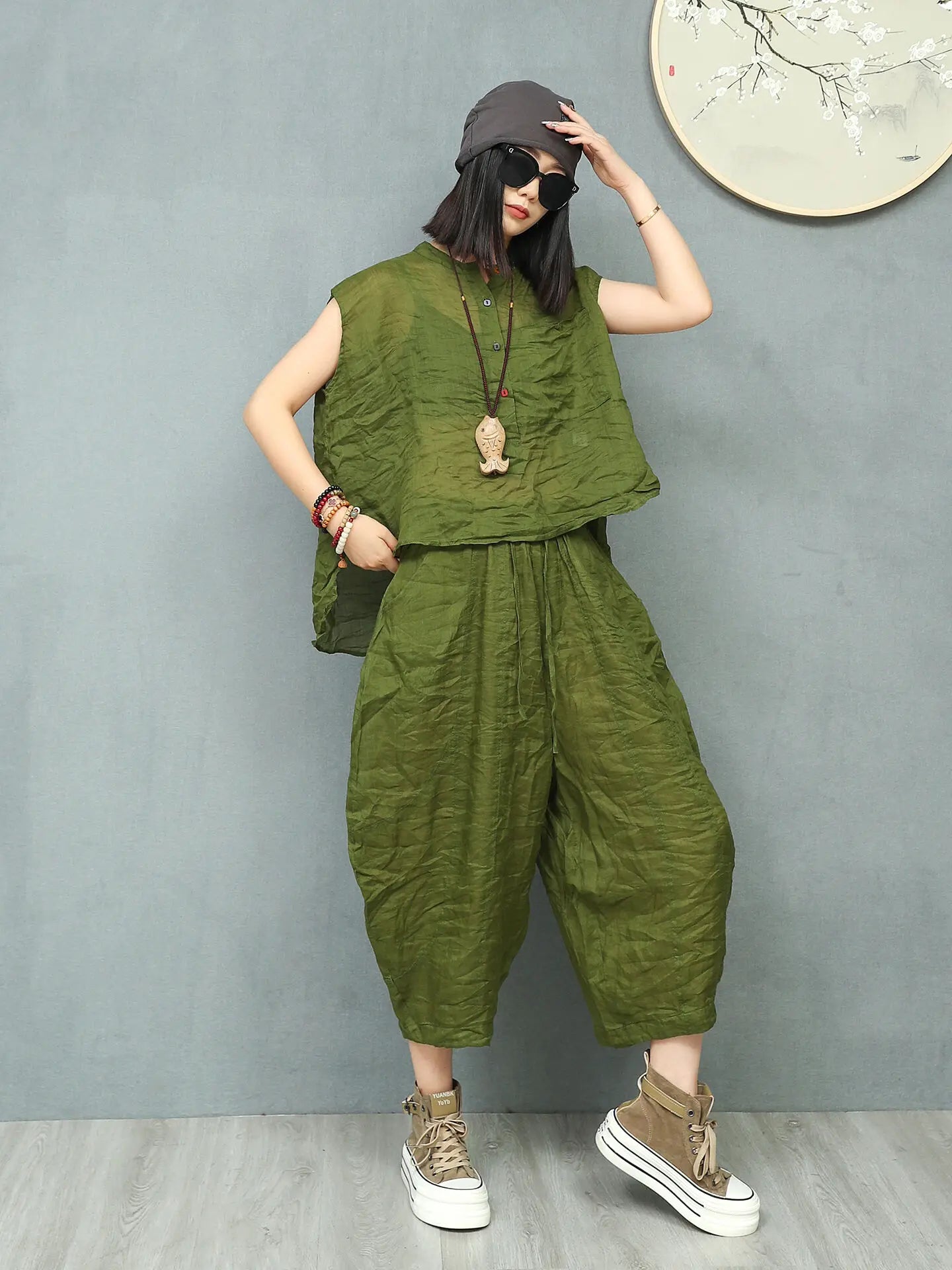 Ramie Asymmetric Top & Pumpkin Pants Set – Lightweight Loose Two Piece