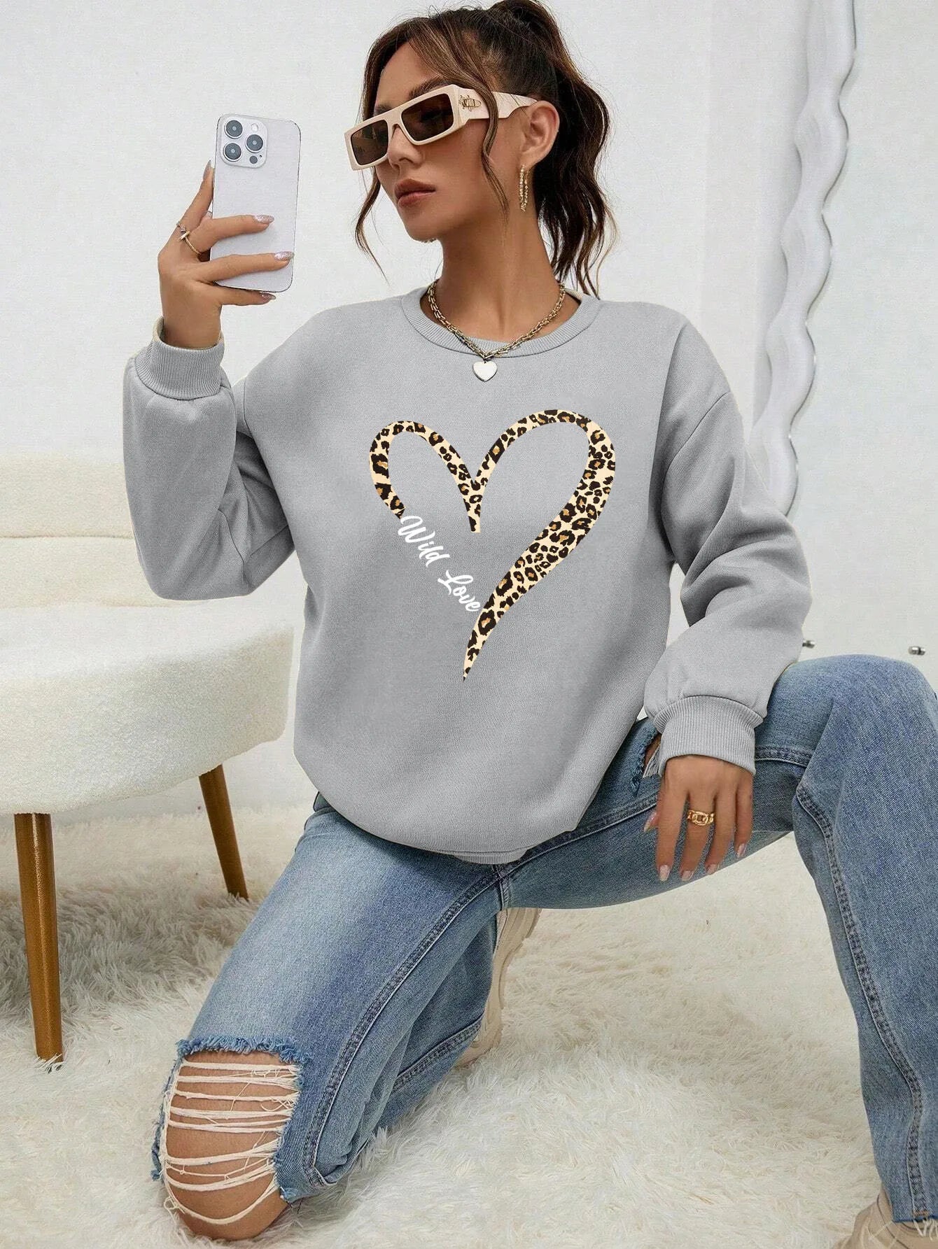 Leopard Heart Crewneck — Fur-Lined Sweatshirt, Urban Wild Print