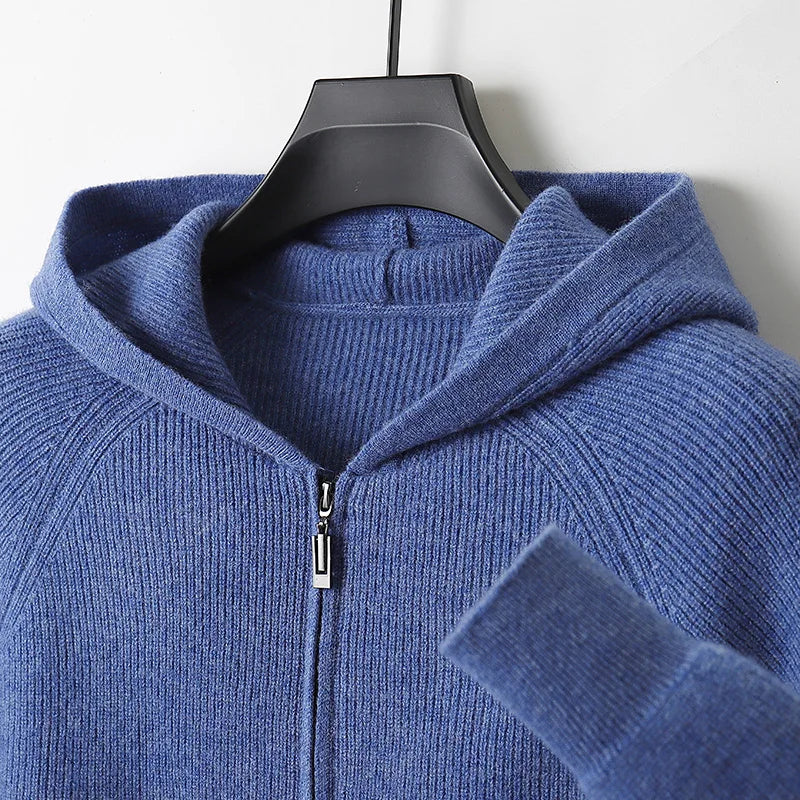 Thick Zippered Wool Knit Cardigan — Autumn Winter Casual Coat with Hood, 100% Wool