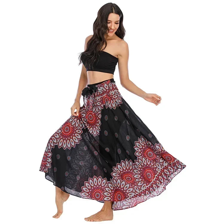 Black Patchwork Bandage Skirt — Ankle-Length