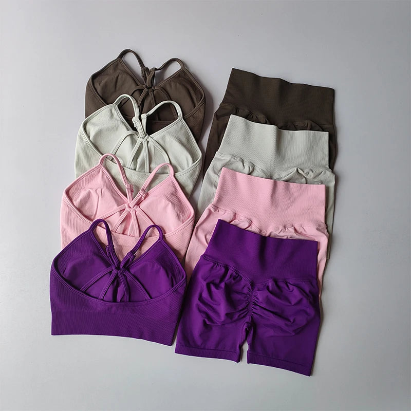 High-Waist Yoga Set — Strappy Back Bra & Sculpting Shorts 3-Piece Activewear