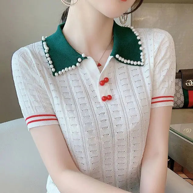 Beaded Polo Collar Top — Ice Silk Summer Sweater