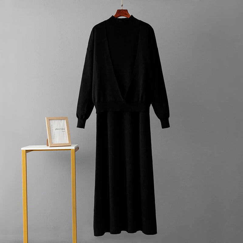 Knitted Dress Two Piece Set – Long Sleeve Sweater & Skirt