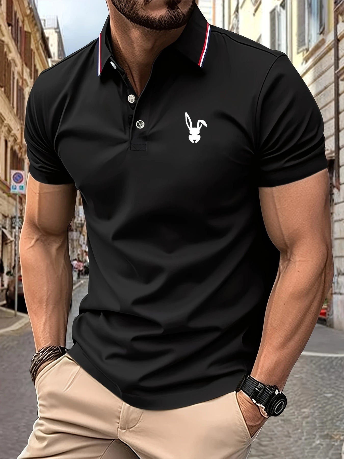 Signature Rabbit Logo Polo – Elegant Striped Lapel, Lightweight Fabric