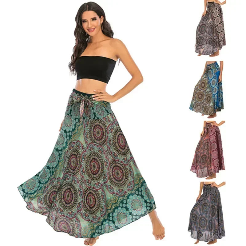 Black Patchwork Bandage Skirt — Ankle-Length