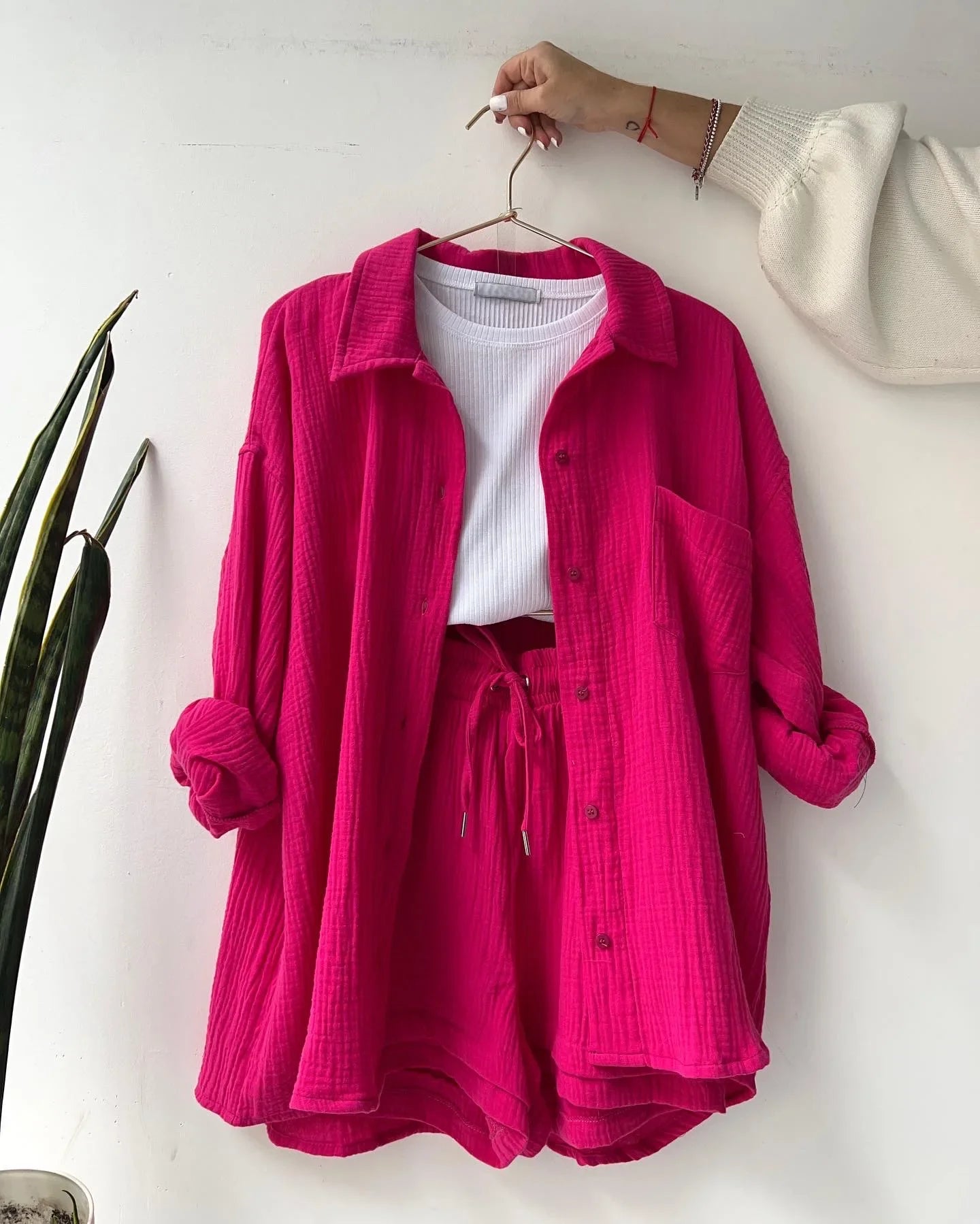 Long Sleeve Button Casual Pleated Two Piece Set – Fashion Solid Color