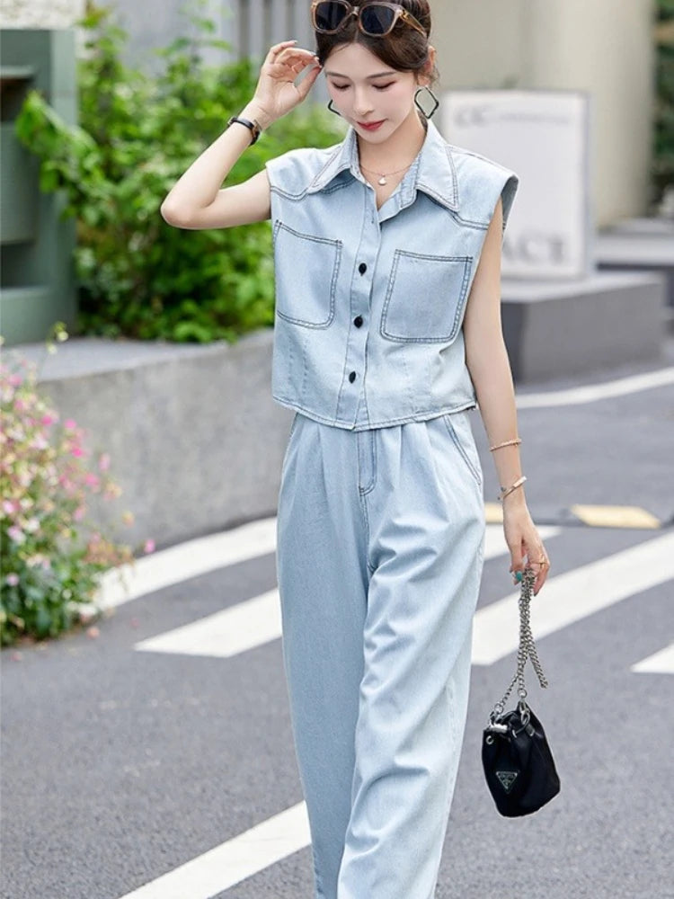 Denim Wide Leg Pant Set – Relaxed Fit