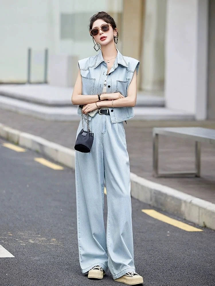 Denim Wide Leg Pant Set – Relaxed Fit