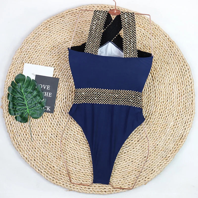 Retro One-Piece Swimsuit in Blue with High Neck
