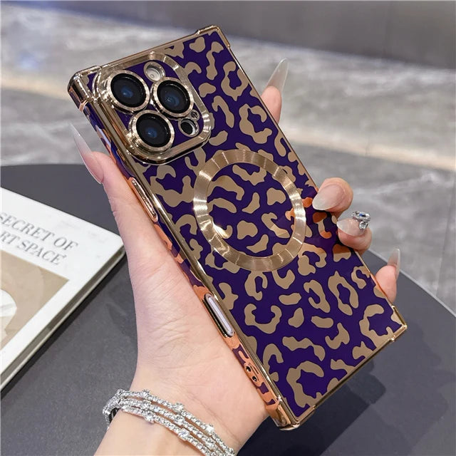 MagSafe Leopard Print Case – iPhone 13 to 16 Pro Max | Magnetic Frame + Luxury Finish