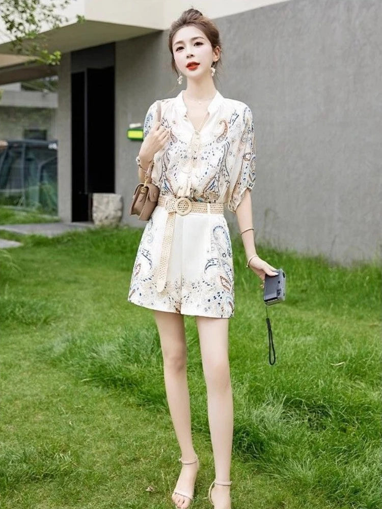 Ice Silk Printed Shorts & Jacket Set – Vacation Two Piece Summer Outfit