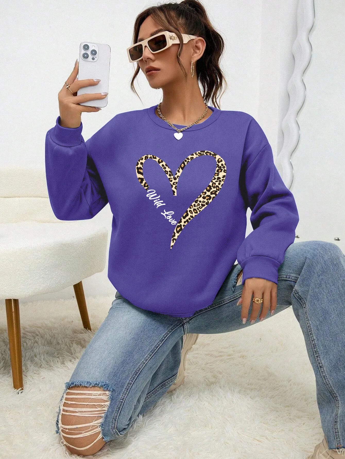 Leopard Heart Crewneck — Fur-Lined Sweatshirt, Urban Wild Print