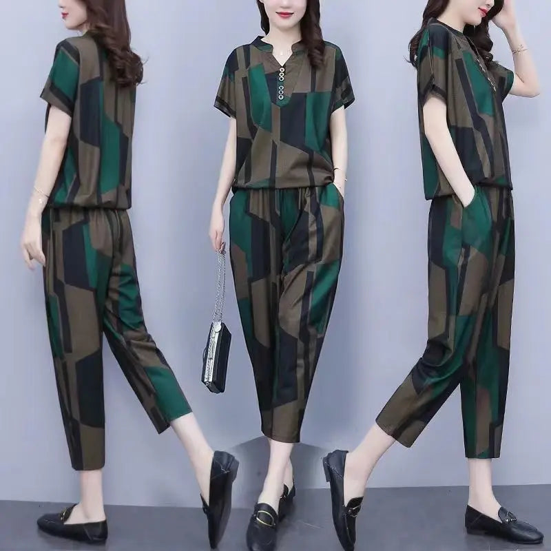 Casual Plus Size Short Sleeve Top & Harun Pants Set – Two Piece