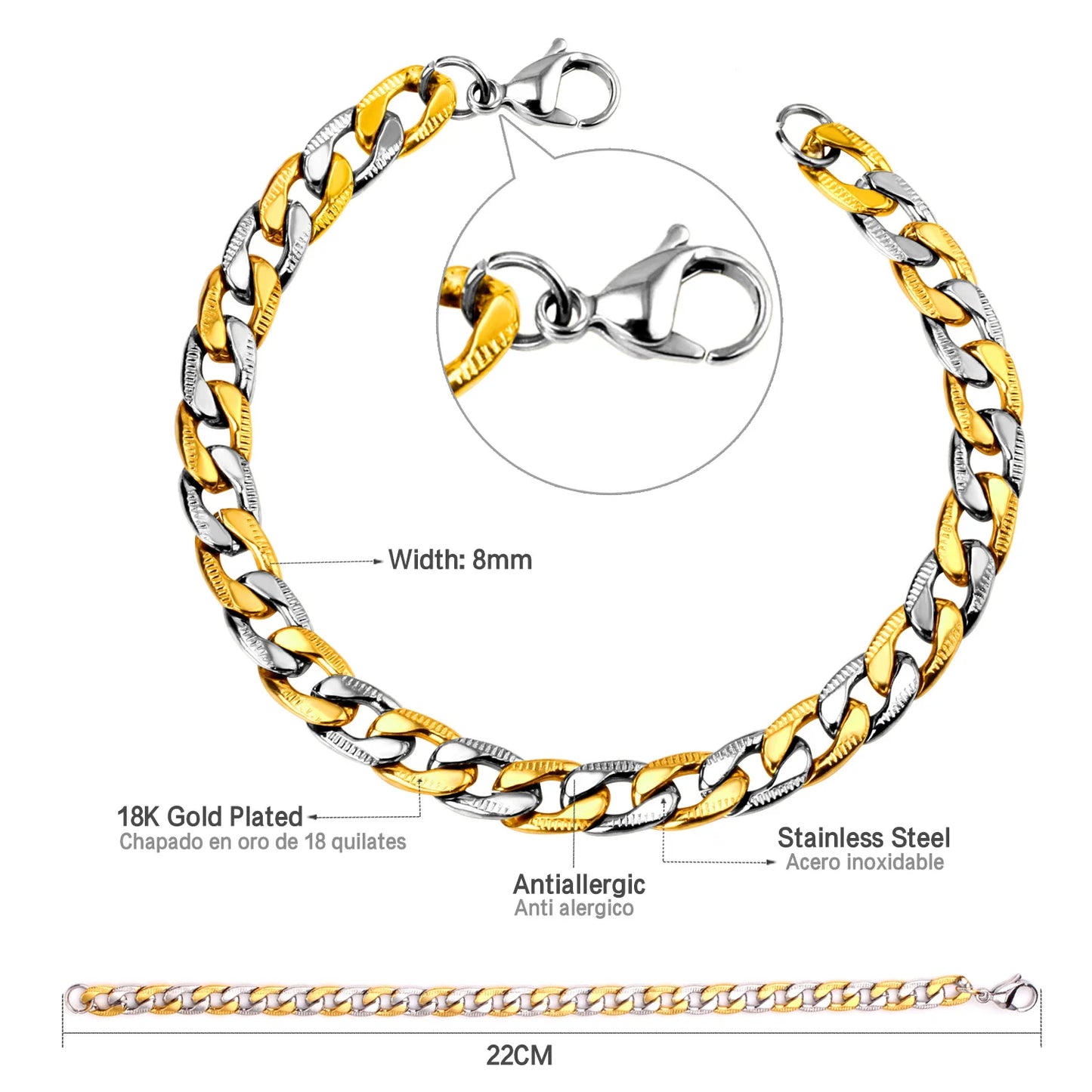 Cuban Chain Bracelet – Stainless Steel, Gold-Tone, Punk Style Jewelry for Men & Women