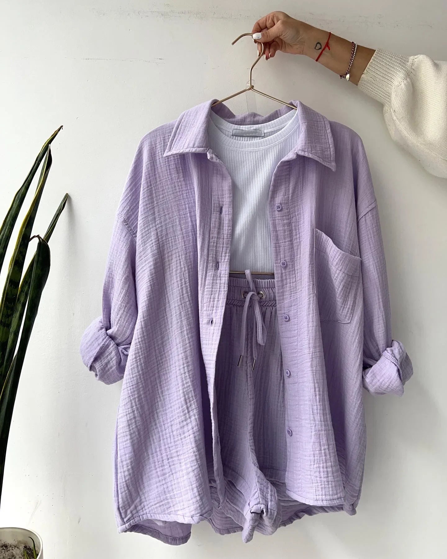 Long Sleeve Button Casual Pleated Two Piece Set – Fashion Solid Color