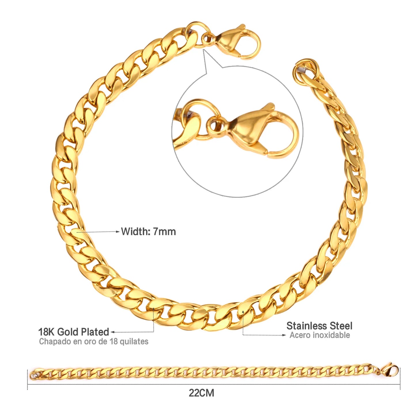 Cuban Chain Bracelet – Stainless Steel, Gold-Tone, Punk Style Jewelry for Men & Women
