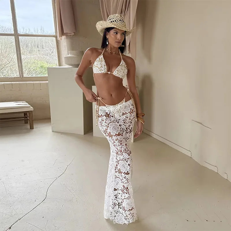 3-Piece Lace Bikini Set with Halter Top & Skirt