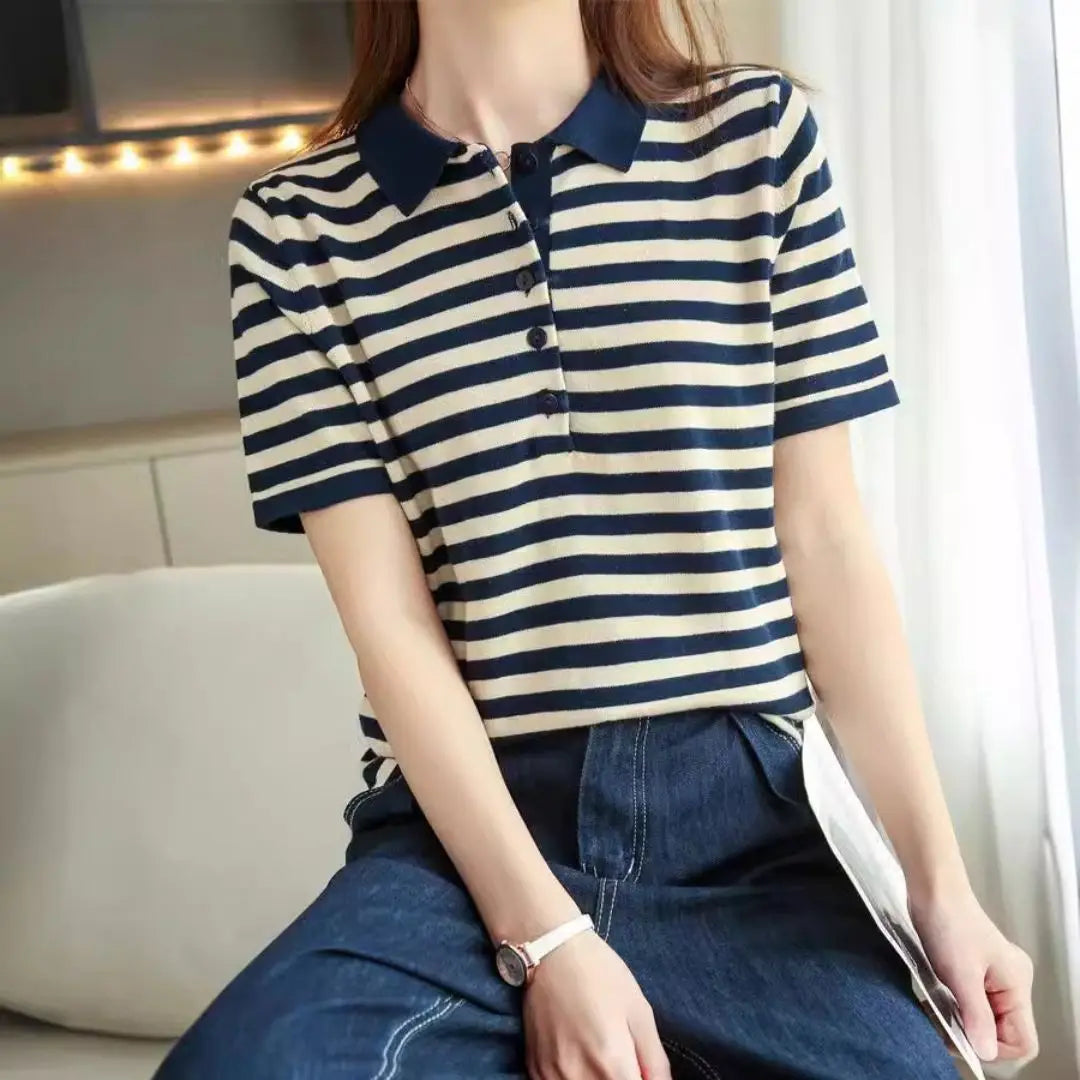 Striped Polo T-shirt — 100% Cotton Casual Top