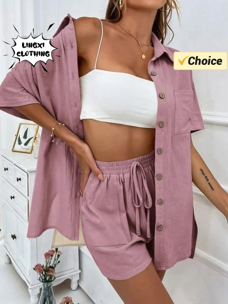 Linen Ease Set – Short-Sleeve Shirt & Elastic Shorts