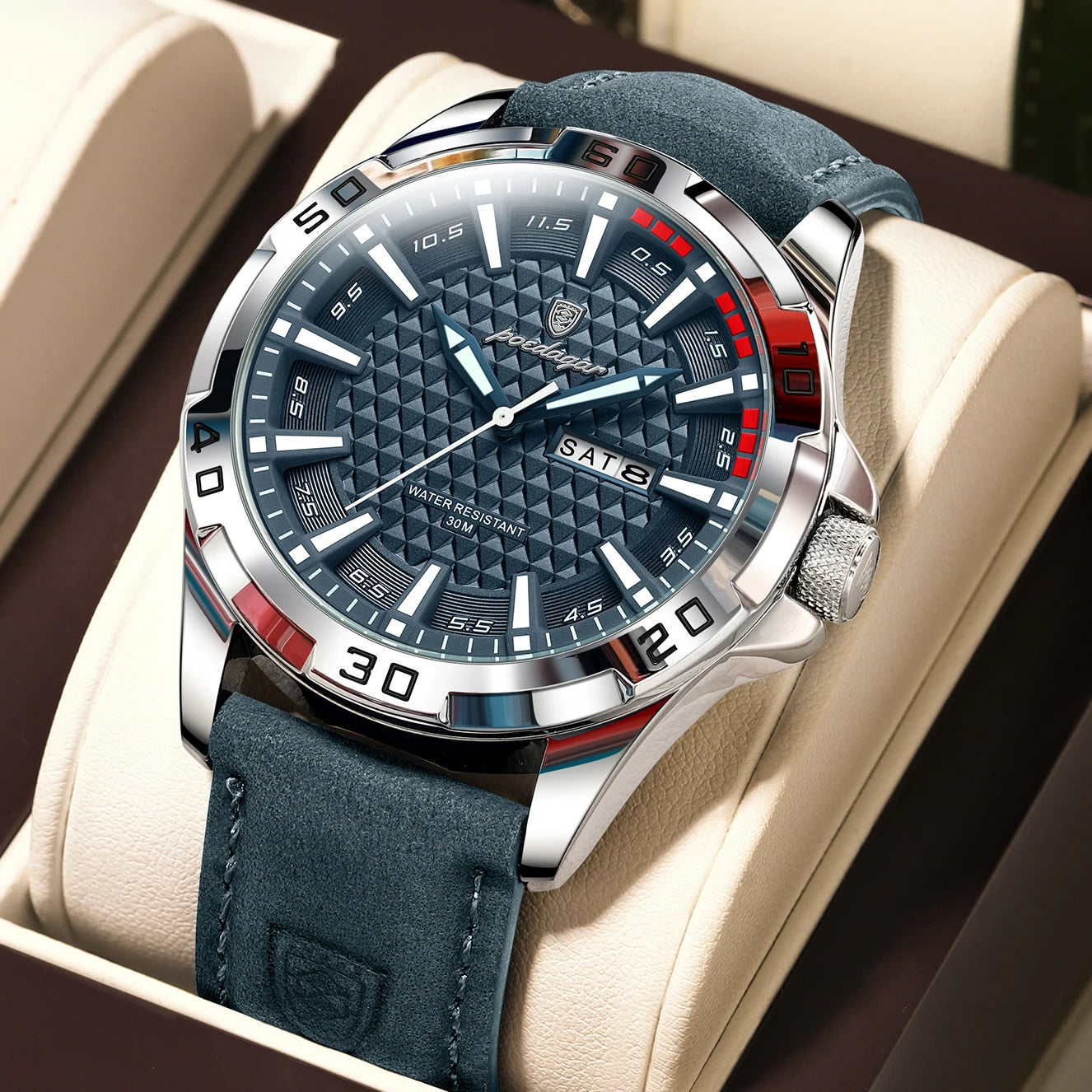 Luxury Quartz Watch – Waterproof, Luminous Dial, Date Display, Leather Strap