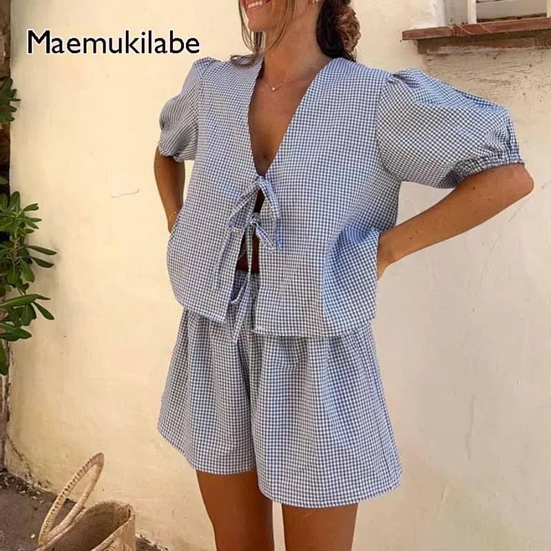 Plaid Lounge Set – Tie Blouse & Vintage Shorts
