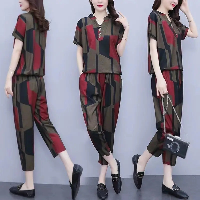 Casual Plus Size Short Sleeve Top & Harun Pants Set – Two Piece