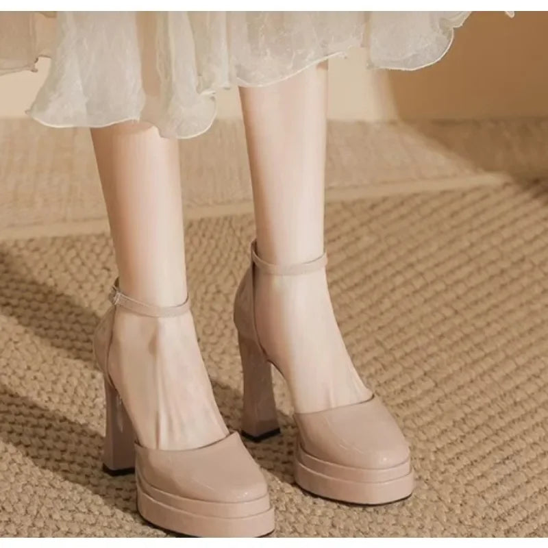 Viva | Waterproof Platform High Heels – 11cm White Patent Leather Buckle Sandals