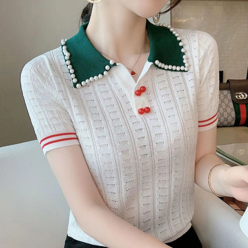 Beaded Polo Collar Top — Ice Silk Summer Sweater