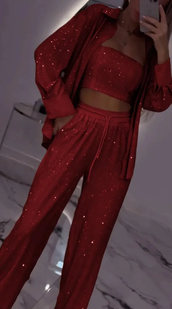 Sequin Shirt & Wide-Leg Trousers Set