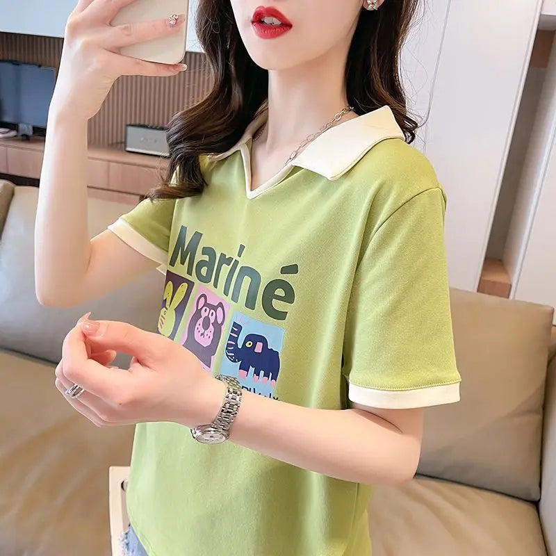 Contrasting Polo Neck Tee — Fashion V-neck Short Sleeve