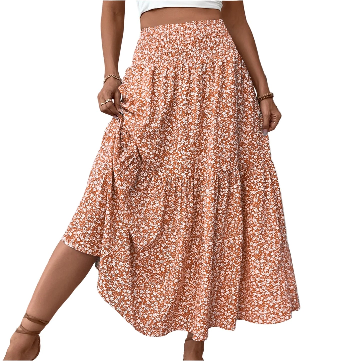Pleated Floral Print A-Line Skirt — Elastic Waist Casual