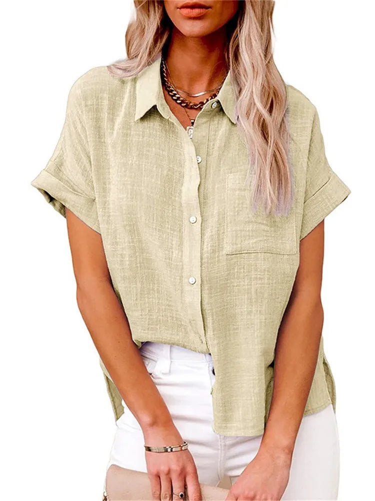 Classic V-Neck Blouse — Short Sleeve, Loose Fit, White