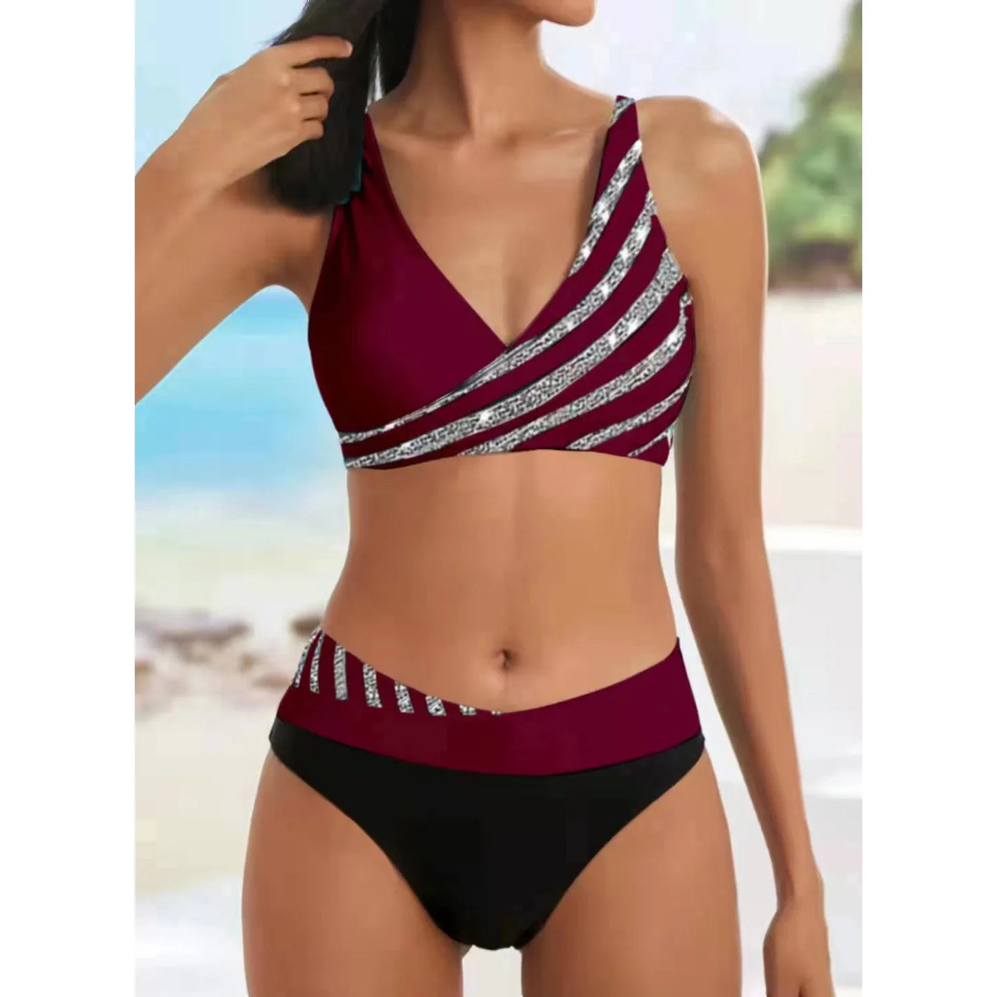 Floral V-Neck Tankini with High-Waisted Bottoms