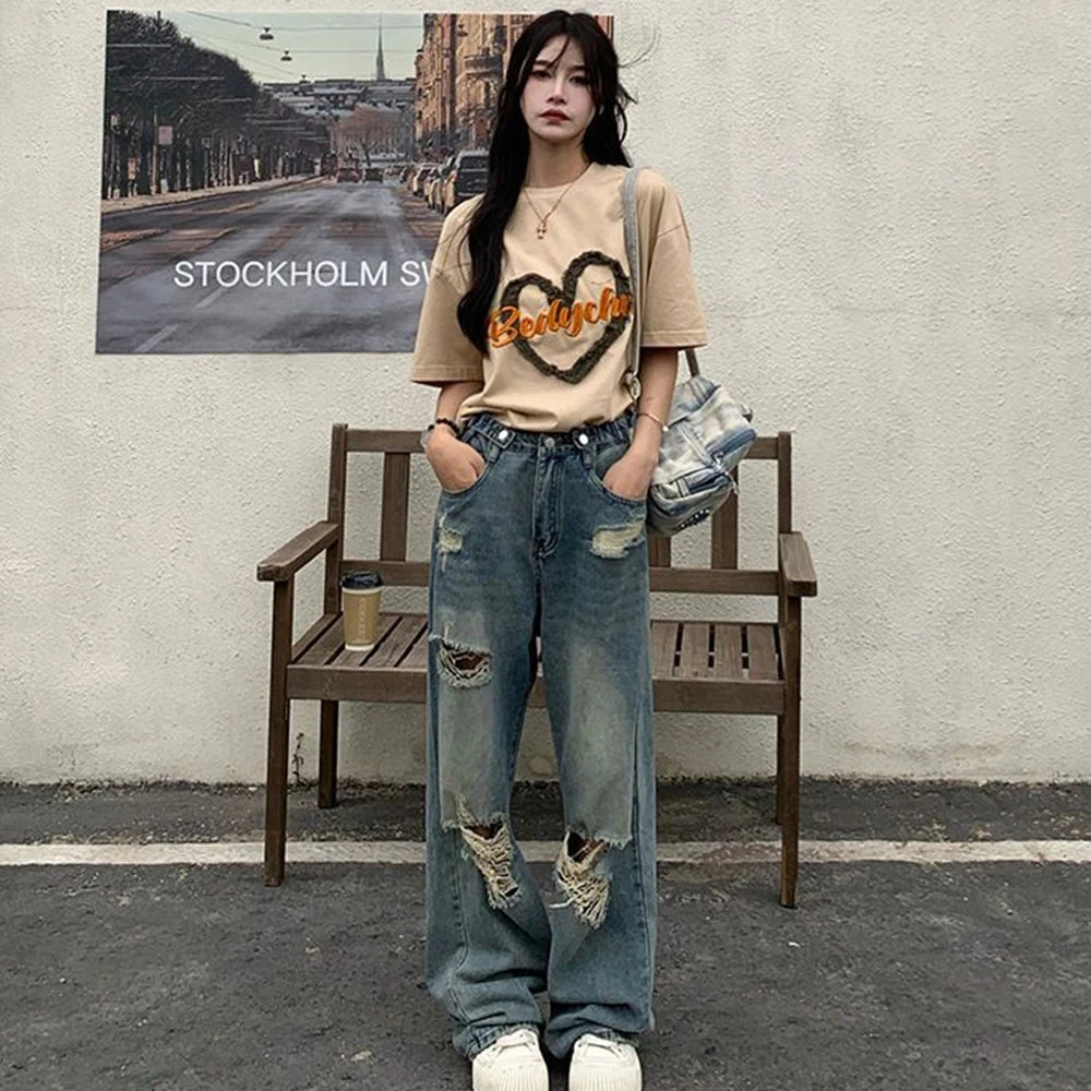 Retro Hole Jeans — Wide-Leg High Street Fit