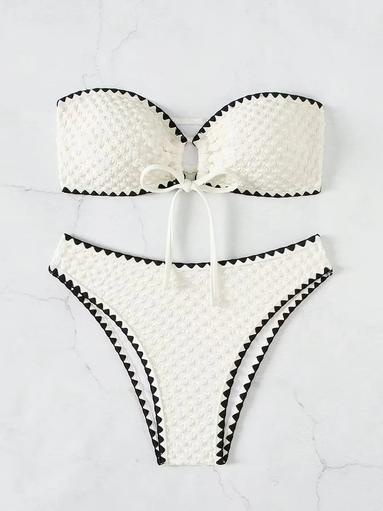 Strapless Patchwork Bikini Set – Lace-Up Detail