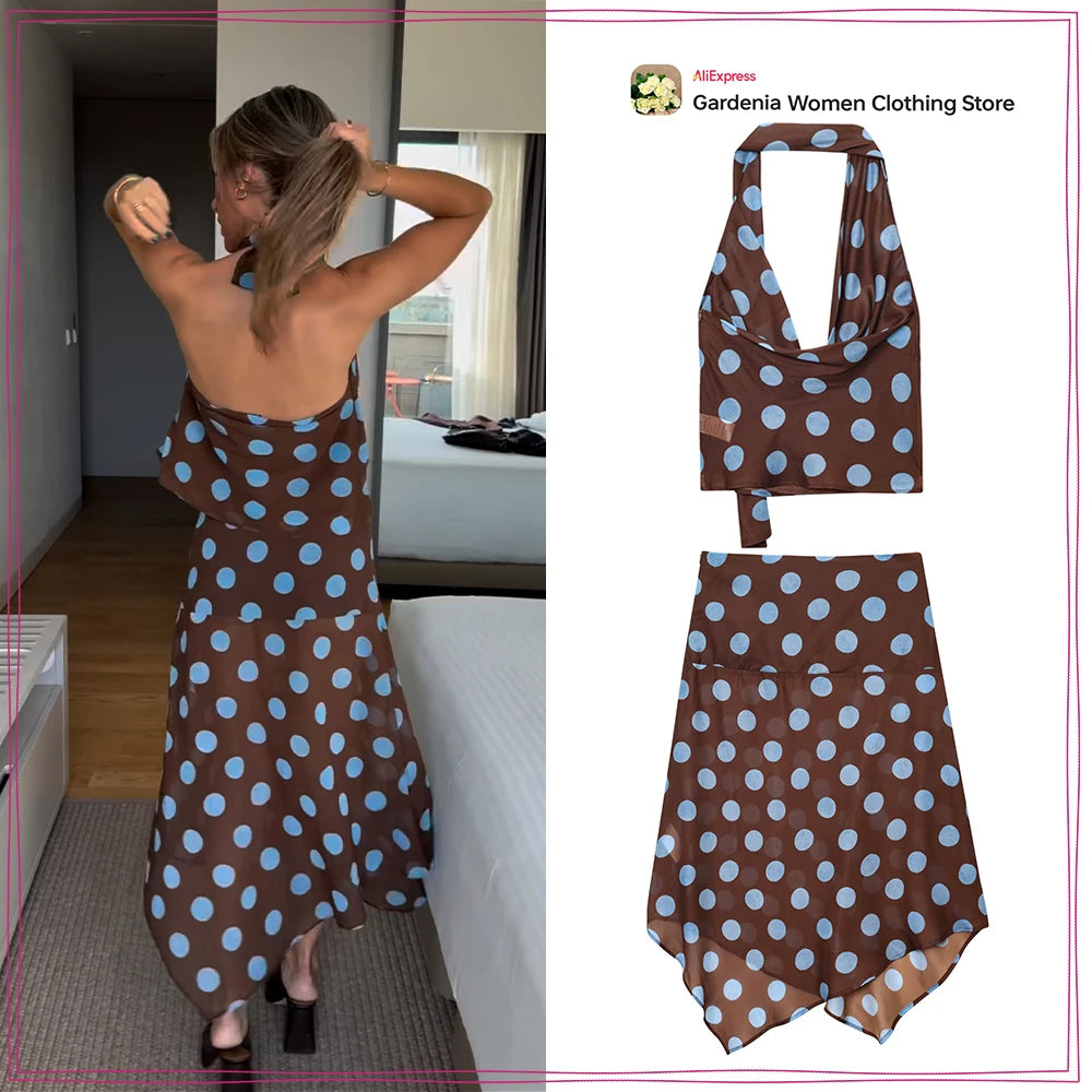 Polka Dot Halter Top & Asymmetric Skirt Set – Stylish Vacation Two Piece