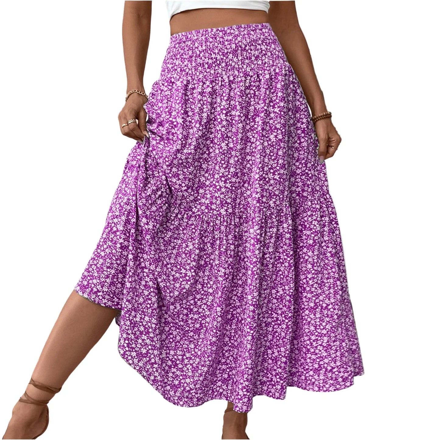 Pleated Floral Print A-Line Skirt — Elastic Waist Casual
