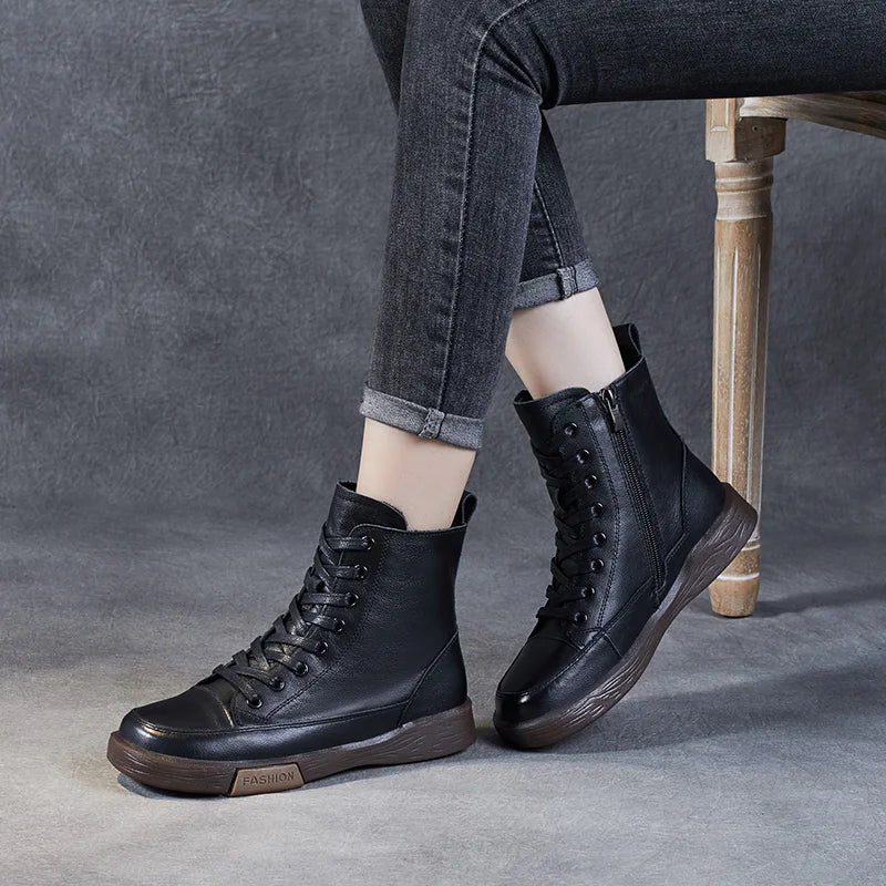 Drkanol | Genuine Leather Round Toe Short Boots – Retro Street Style