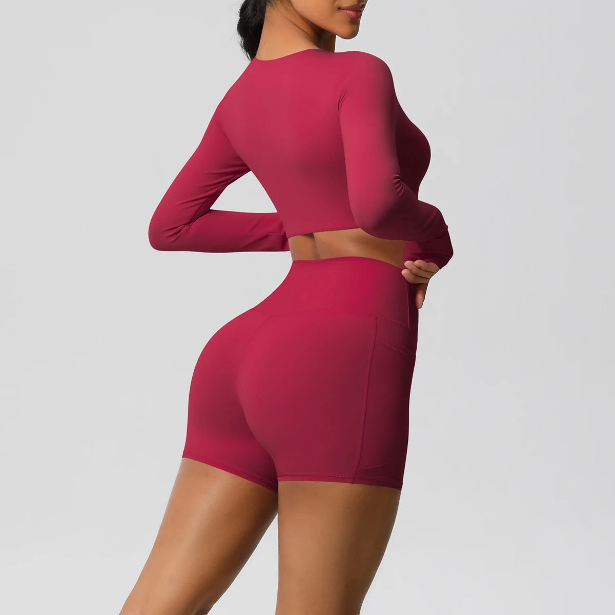 2-Piece Activewear Set — Long Sleeve Crop Top & High-Waist Yoga Shorts