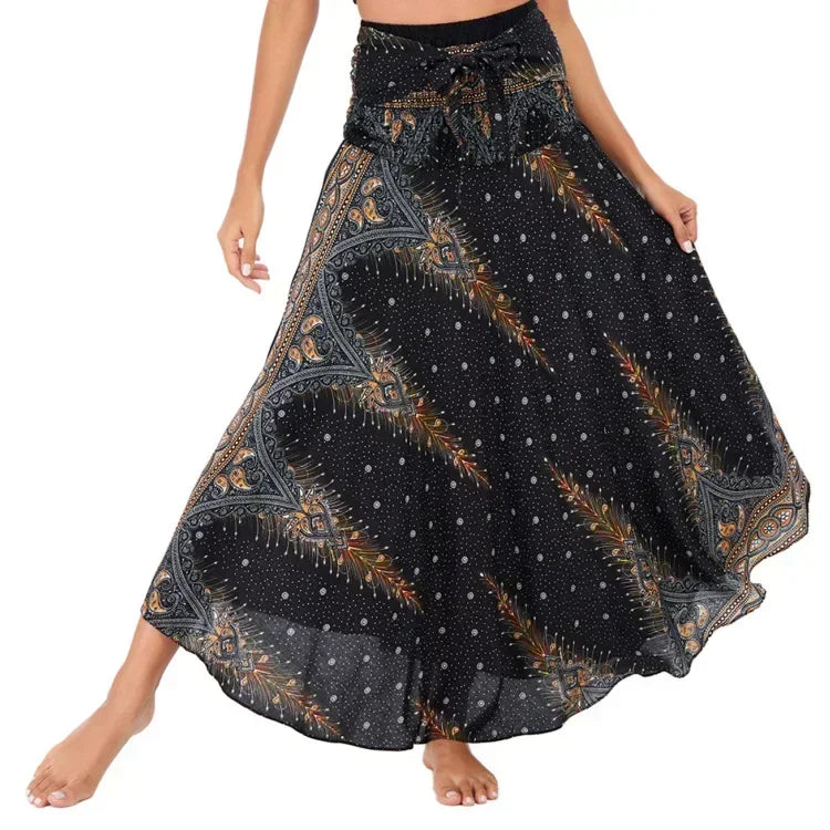 Black Patchwork Bandage Skirt — Ankle-Length