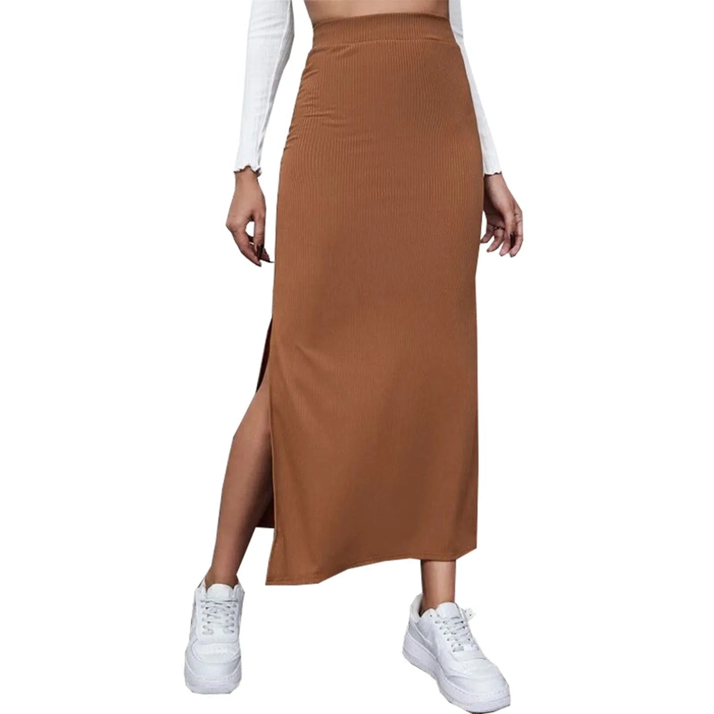 Satin Midi Skirt with Slit — Slim Fit Office Wear