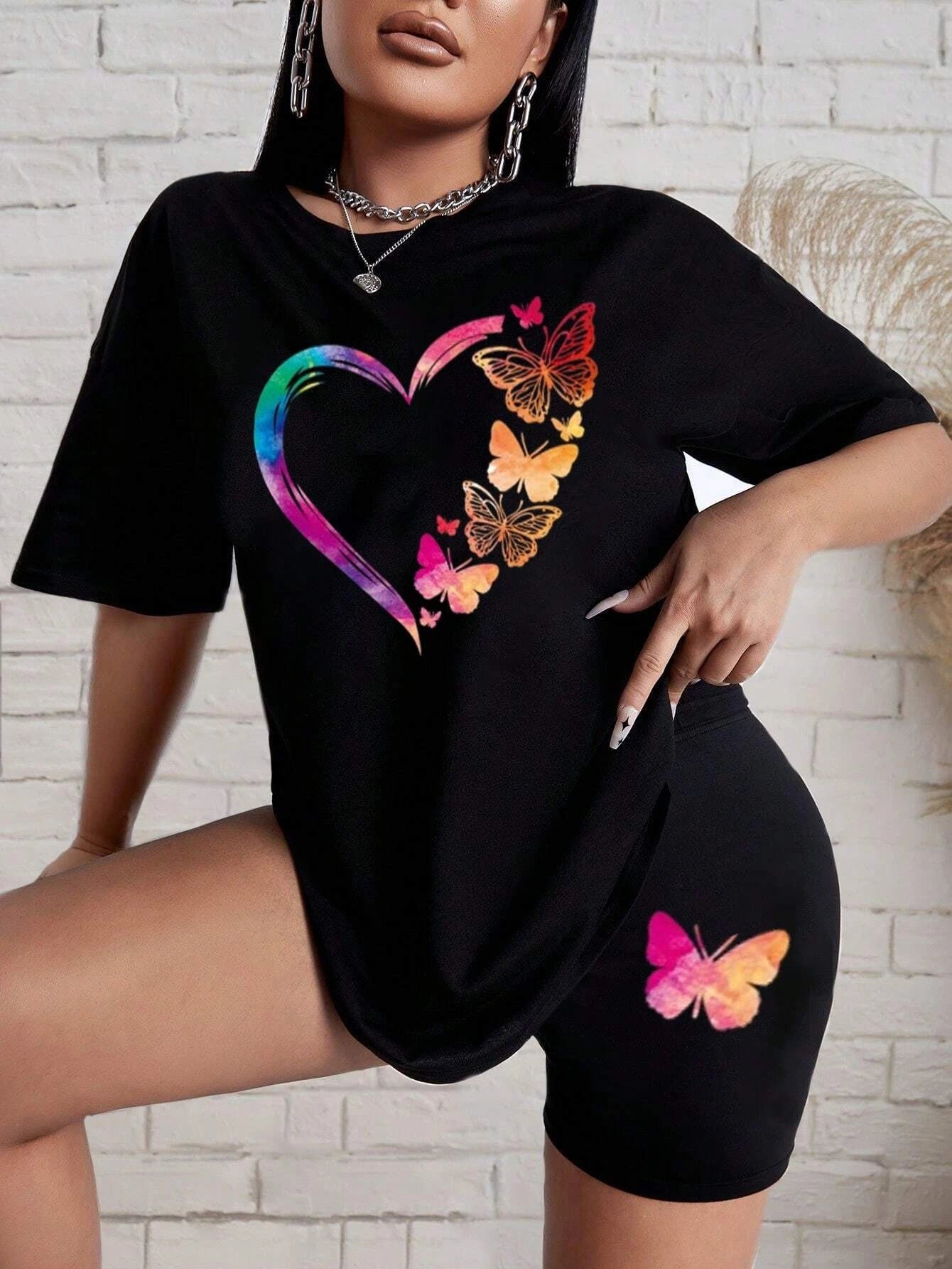 Butterfly Print T-shirt & Shorts Set – Comfortable Basic Two Piece