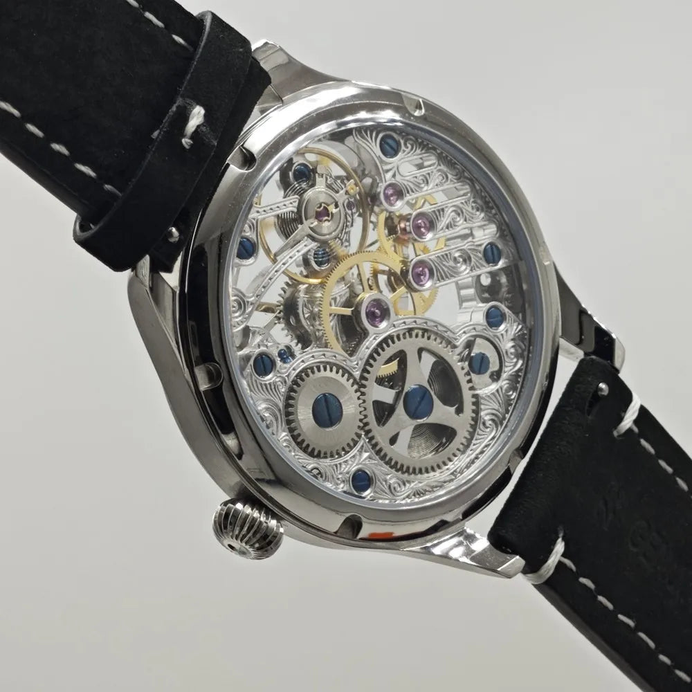 Custom Pilot Watch – 44mm Skeleton Movement, Hollow Mechanical Design