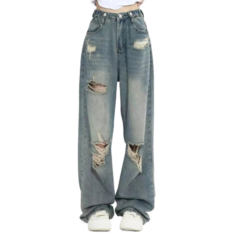 Retro Hole Jeans — Wide-Leg High Street Fit